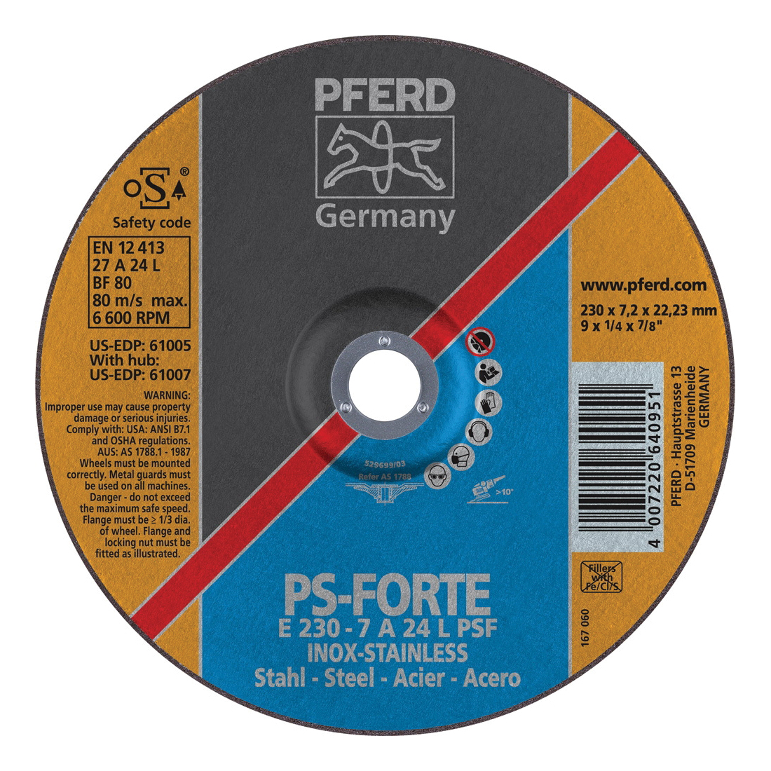 PFERD Universal Line PS-FORTE 61005 Depressed Center Wheel, 9 in Dia x 1/4 in THK, 7/8 in Center Hole, 24 Grit, Aluminum Oxide Abrasive