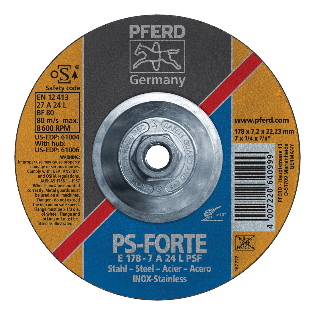 PFERD Universal Line PS-FORTE 61006 Depressed Center Wheel, 7 in Dia x 1/4 in THK, 24 Grit, Aluminum Oxide Abrasive
