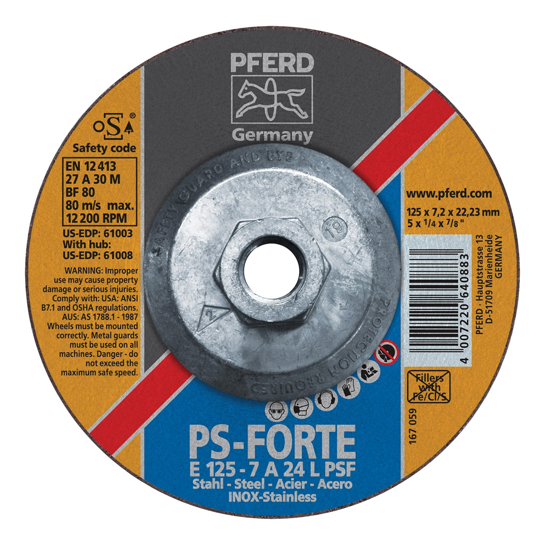 PFERD Universal Line PS-FORTE 61008 Depressed Center Wheel, 5 in Dia x 1/4 in THK, 24 Grit, Aluminum Oxide Abrasive