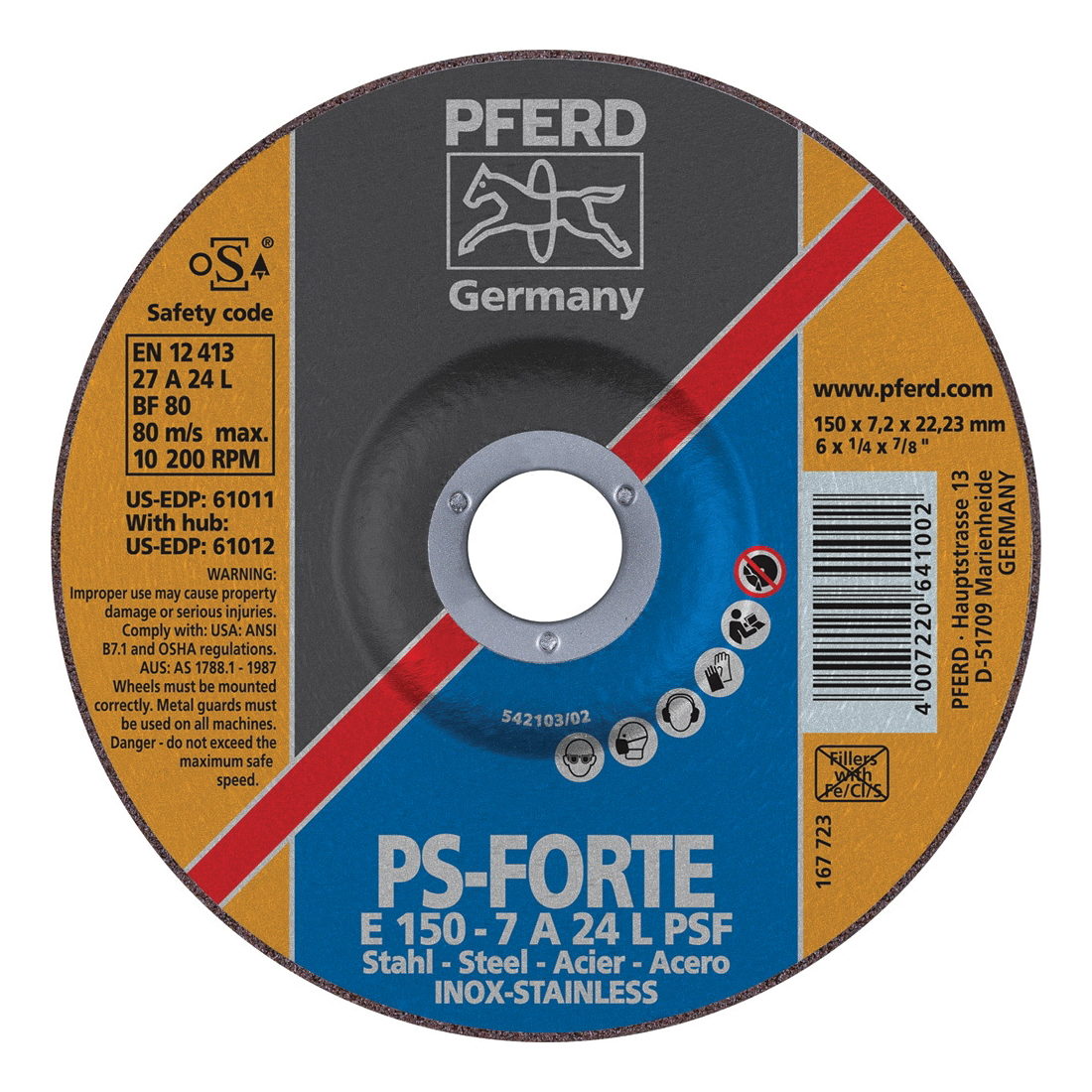 PFERD Universal Line PS-FORTE 61011 Depressed Center Wheel, 6 in Dia x 1/4 in THK, 7/8 in Center Hole, 24 Grit, Aluminum Oxide Abrasive