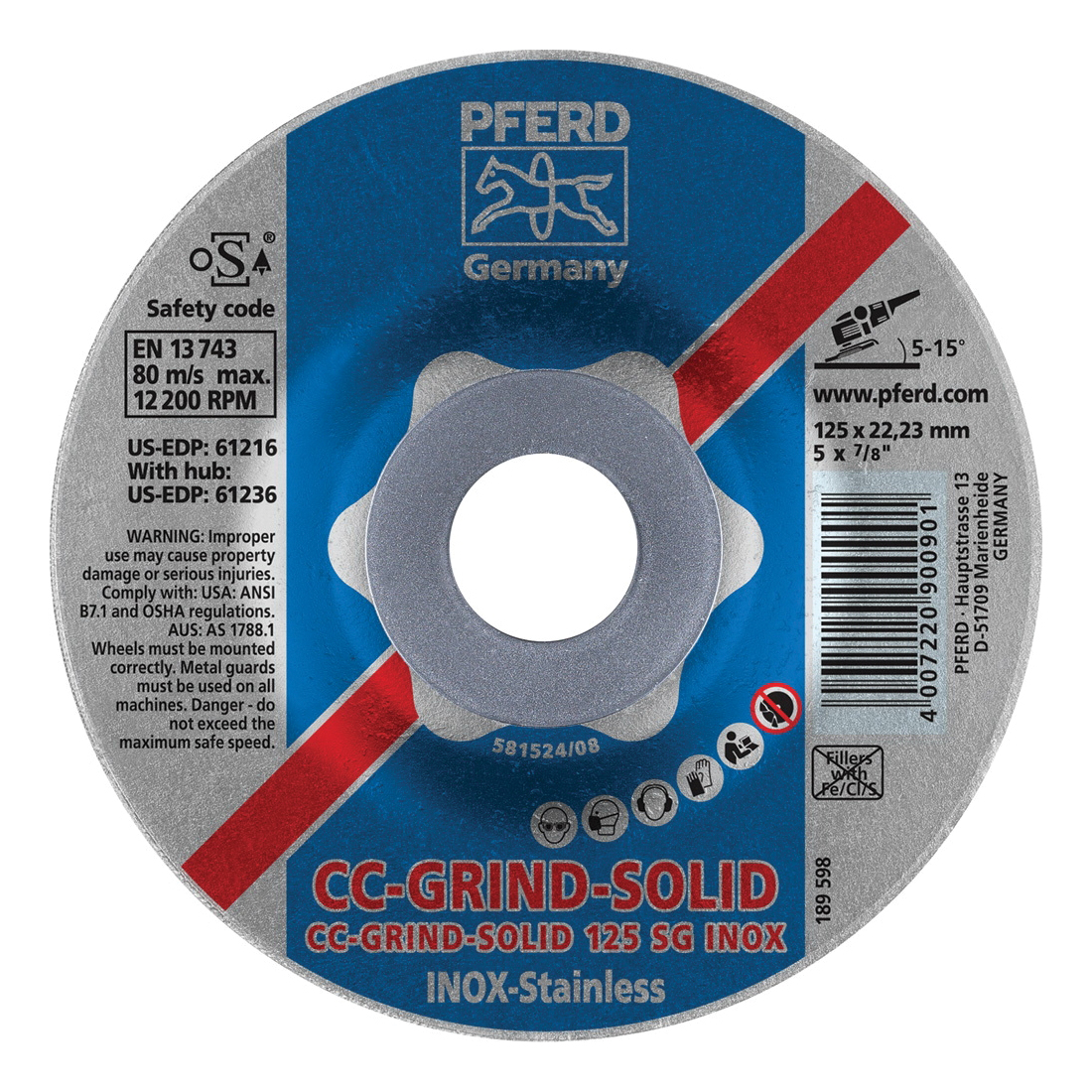 PFERD CC-GRIND®-SOLID Performance Line SG 61216 Unthreaded Coated Abrasive Disc, 5 in Dia