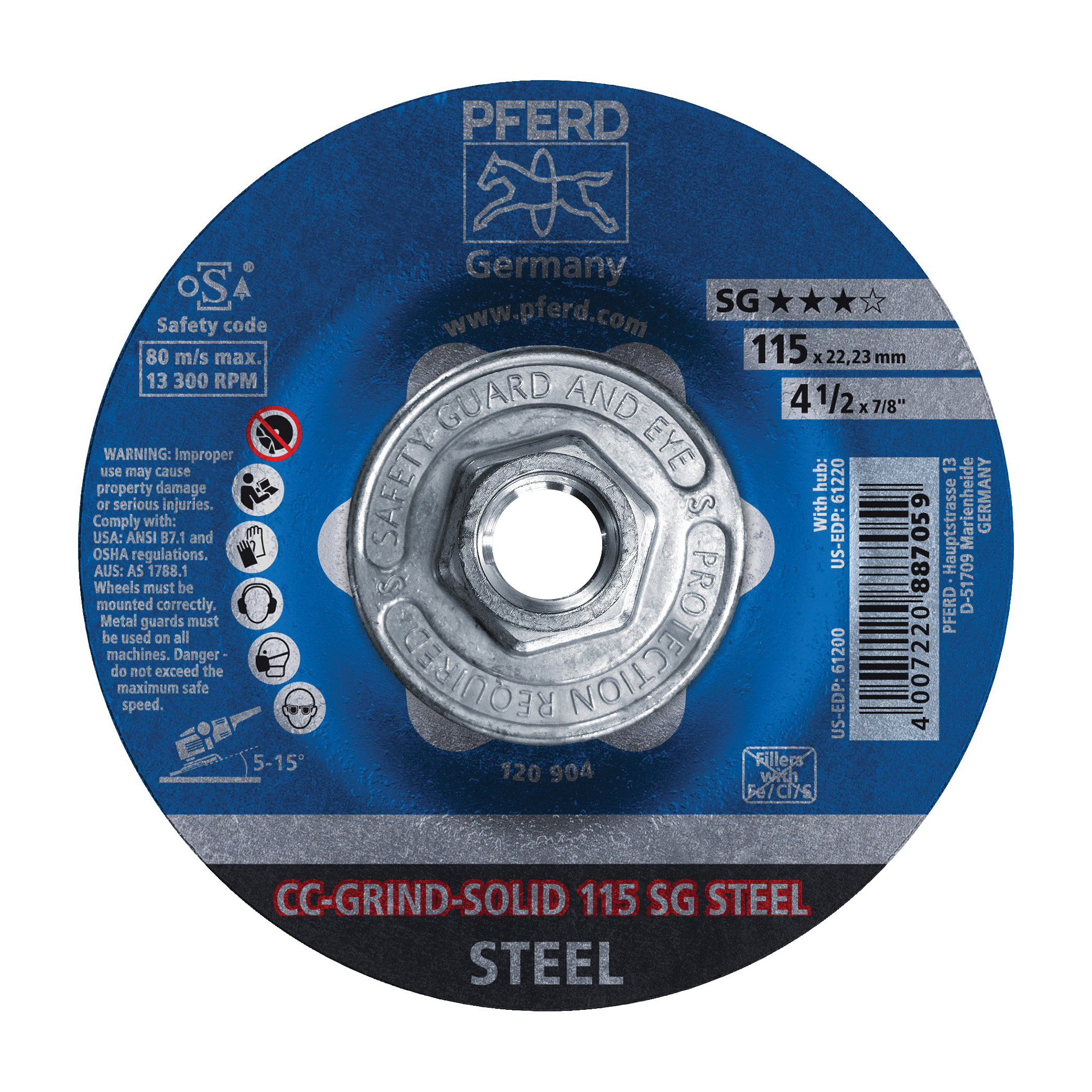 PFERD CC-GRIND®-SOLID Performance Line SG 61220 High Performance Depressed Center Wheel, 4-1/2 in Dia x 1/8 in THK, 24 Grit, Ceramic Oxide Abrasive