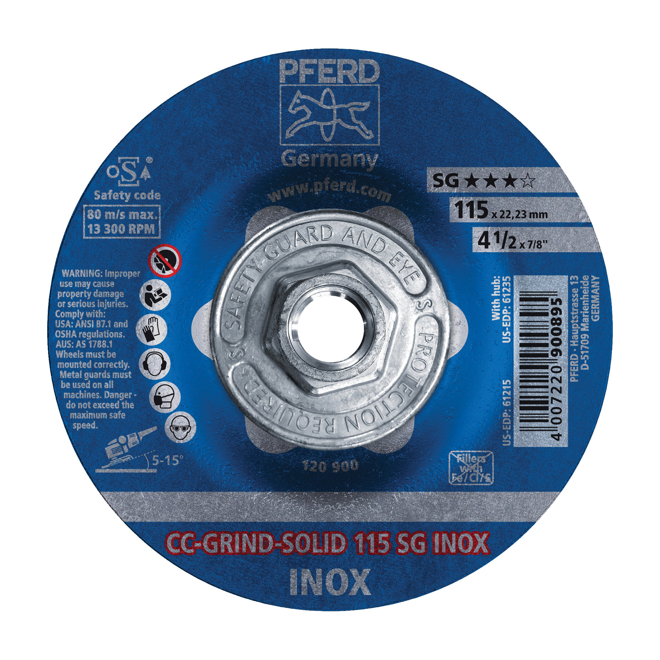 PFERD CC-GRIND®-SOLID Performance Line SG 61235 High Performance Depressed Center Wheel, 4-1/2 in Dia x 1/8 in THK, 24 Grit, Ceramic Oxide Abrasive