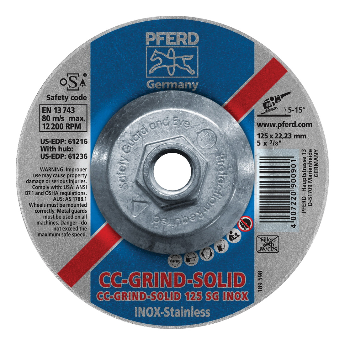 PFERD CC-GRIND®-SOLID Performance Line SG 61236 Threaded Coated Abrasive Disc, 5 in Dia