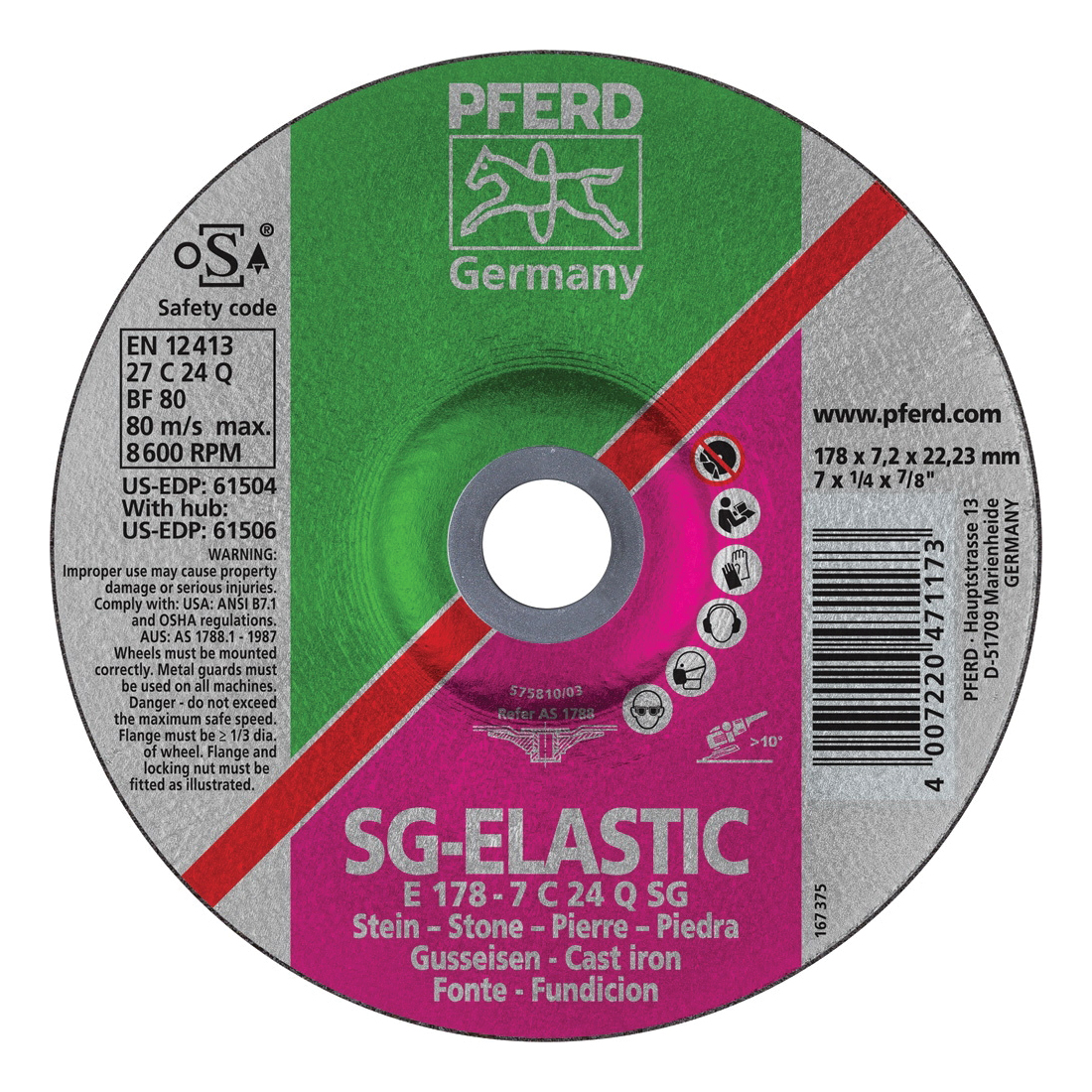 PFERD 61504 Performance Line SG Depressed Center Wheel, 7 in Dia x 1/4 in THK, 7/8 in Center Hole, 24 Grit, Silicon Carbide Abrasive