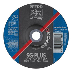 PFERD Special Line SG-PLUS 61556 Depressed Center Wheel, 7 in Dia x 1/4 in THK, 7/8 in Center Hole, 24 Grit, Aluminum Oxide/Zirconia Alumina Abrasive