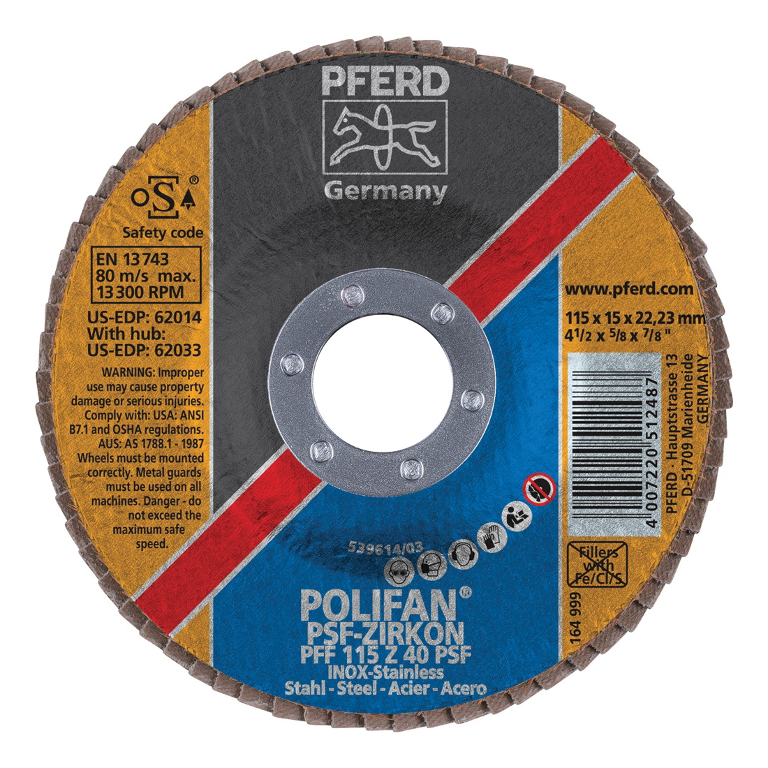 PFERD Polifan® 62014 Universal Line PSF-Z Unthreaded Coated Abrasive Flap Disc, 4-1/2 in Dia, 7/8 in Center Hole, 40 Grit, Zirconia Alumina Abrasive, Type 27 Flat Disc