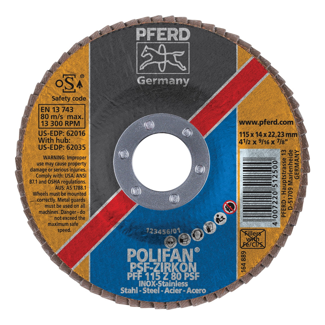 PFERD Polifan® 62016 Universal Line PSF-Z Unthreaded Coated Abrasive Flap Disc, 4-1/2 in Dia, 7/8 in Center Hole, 80 Grit, Zirconia Alumina Abrasive, Type 27 Flat Disc