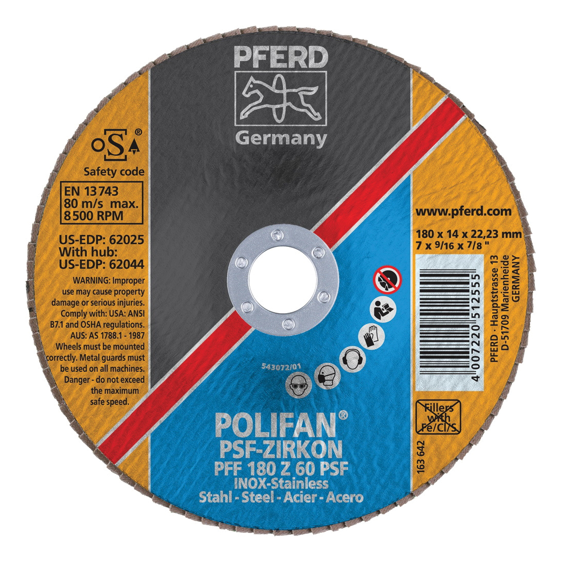 PFERD Polifan® 62025 Universal Line PSF-Z Unthreaded Coated Abrasive Flap Disc, 7 in Dia, 7/8 in Center Hole, 60 Grit, Zirconia Alumina Abrasive, Type 27 Flat Disc