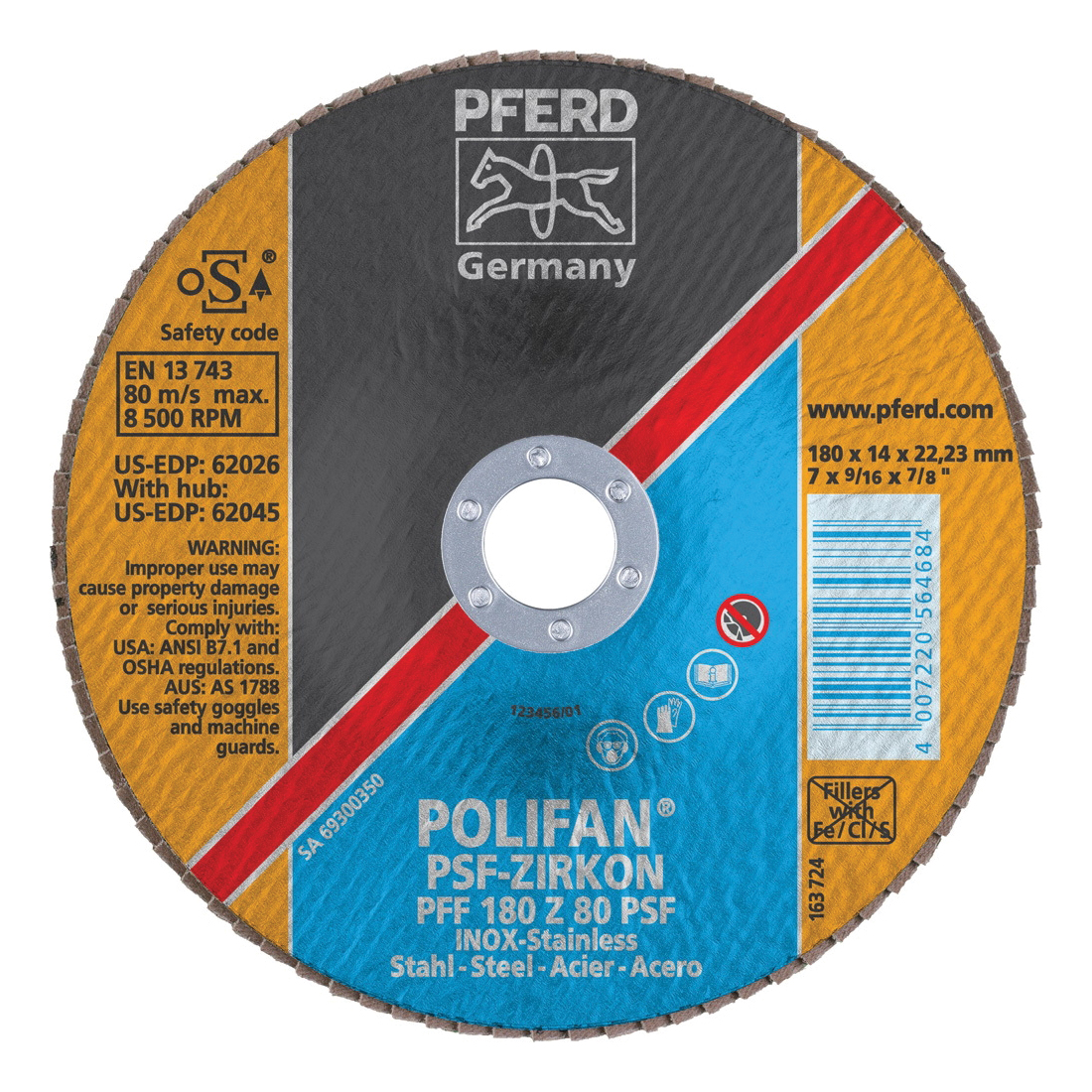 PFERD Polifan® 62026 Universal Line PSF-Z Unthreaded Coated Abrasive Flap Disc, 7 in Dia, 7/8 in Center Hole, 80 Grit, Zirconia Alumina Abrasive, Type 27 Flat Disc