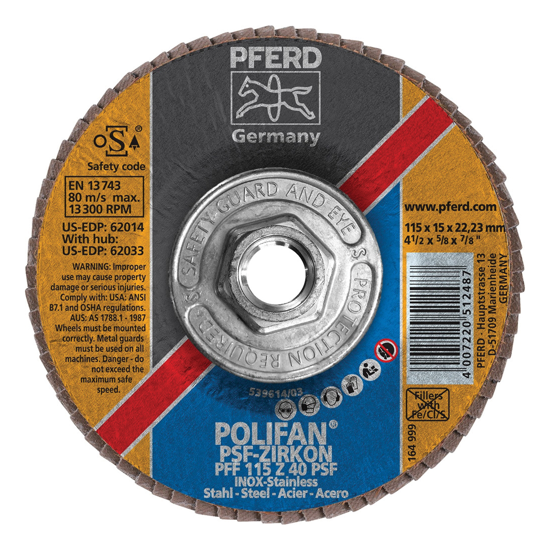 PFERD Polifan® 62033 Universal Line PSF-Z Threaded Coated Abrasive Flap Disc, 4-1/2 in Dia, 40 Grit, Zirconia Alumina Abrasive, Type 27 Flat Disc