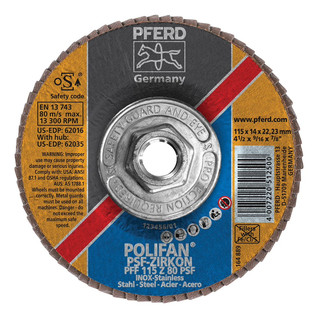 PFERD Polifan® 62035 Universal Line PSF-Z Threaded Coated Abrasive Flap Disc, 4-1/2 in Dia, 80 Grit, Zirconia Alumina Abrasive, Type 27 Flat Disc