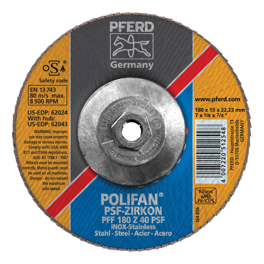 PFERD Polifan® 62043 Universal Line PSF-Z Threaded Coated Abrasive Flap Disc, 7 in Dia, 40 Grit, Zirconia Alumina Abrasive, Type 27 Flat Disc