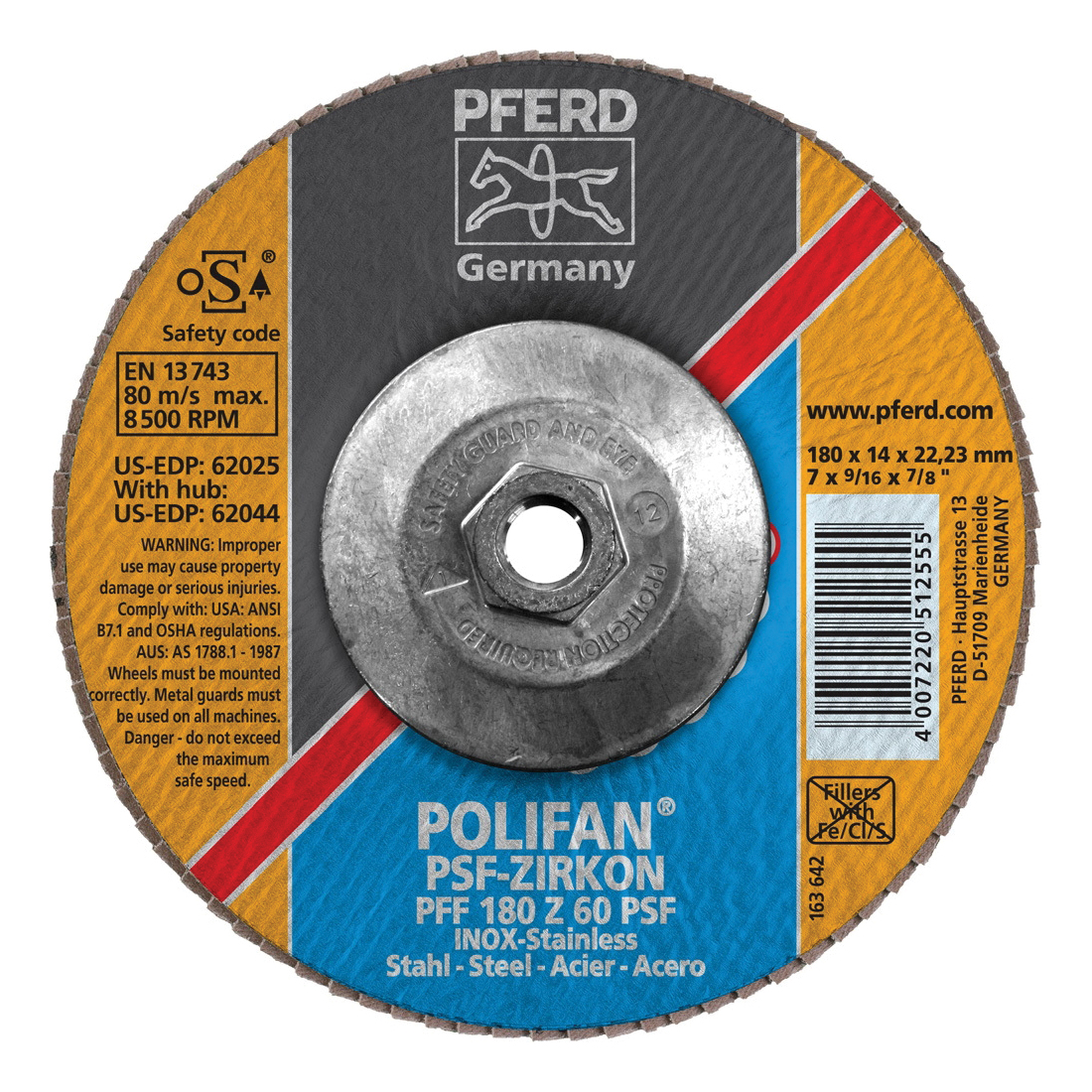 PFERD Polifan® 62044 Universal Line PSF-Z Threaded Coated Abrasive Flap Disc, 7 in Dia, 60 Grit, Zirconia Alumina Abrasive, Type 27 Flat Disc