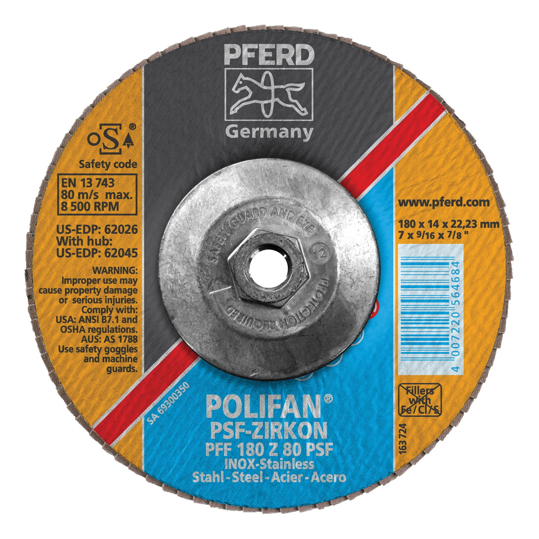 PFERD Polifan® 62045 Universal Line PSF-Z Threaded Coated Abrasive Flap Disc, 7 in Dia, 80 Grit, Zirconia Alumina Abrasive, Type 27 Flat Disc