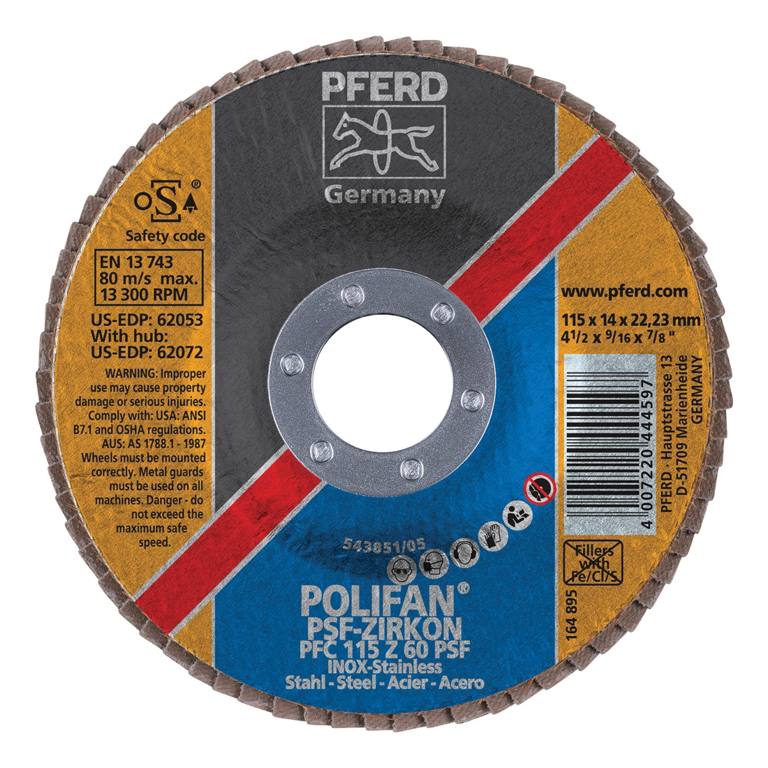 PFERD Polifan® 62053 Universal Line PSF-Z Unthreaded Coated Abrasive Flap Disc, 4-1/2 in Dia, 7/8 in Center Hole, 60 Grit, Zirconia Alumina Abrasive, Type 29 Conical Disc