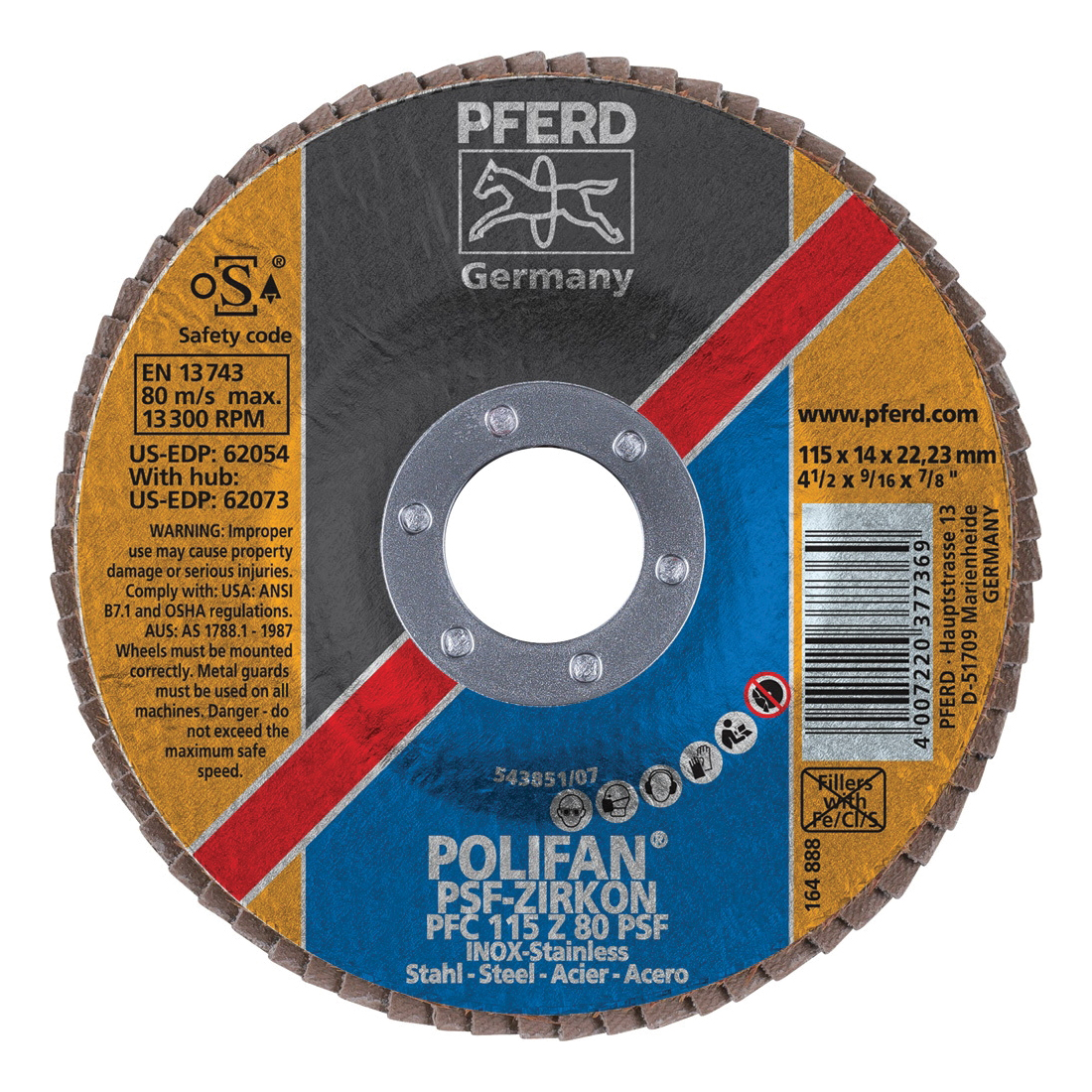 PFERD Polifan® 62054 Universal Line PSF-Z Unthreaded Coated Abrasive Flap Disc, 4-1/2 in Dia, 7/8 in Center Hole, 80 Grit, Zirconia Alumina Abrasive, Type 29 Conical Disc