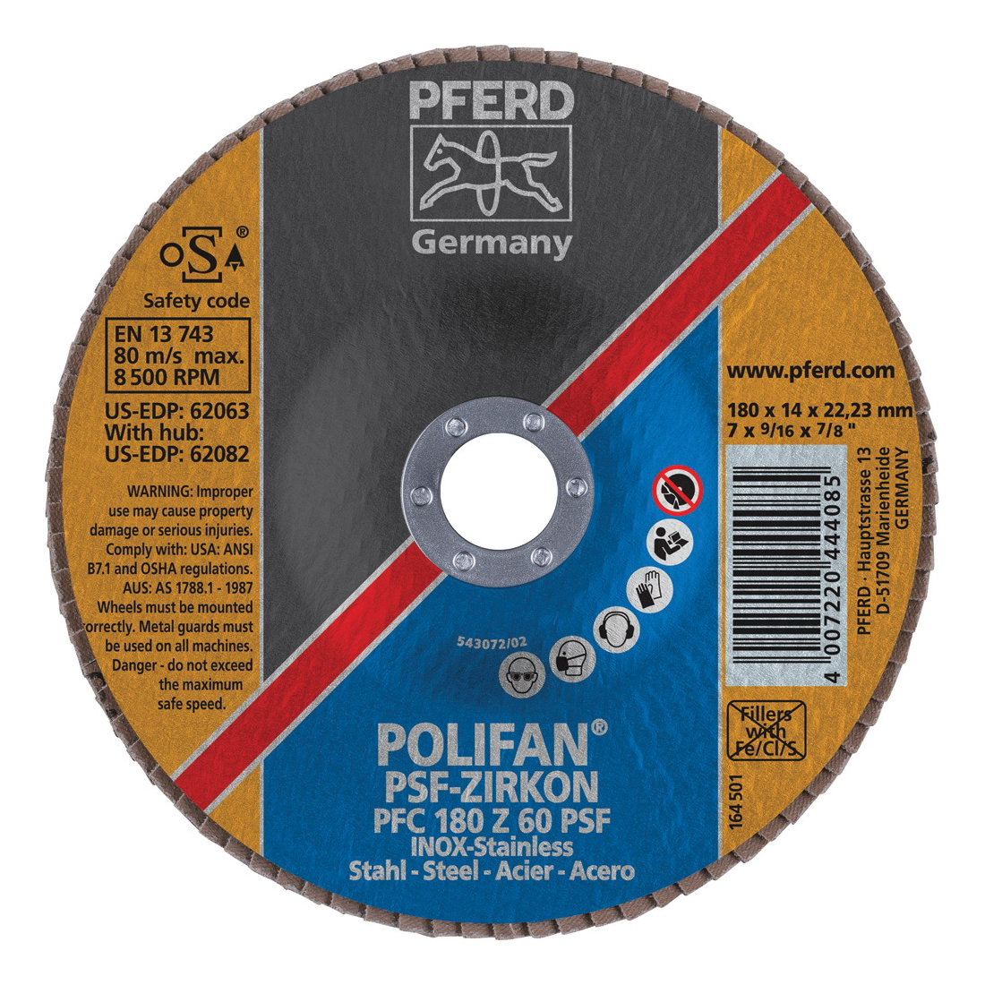 PFERD Polifan® 62063 Universal Line PSF-Z Unthreaded Coated Abrasive Flap Disc, 7 in Dia, 7/8 in Center Hole, 60 Grit, Zirconia Alumina Abrasive, Type 29 Conical Disc