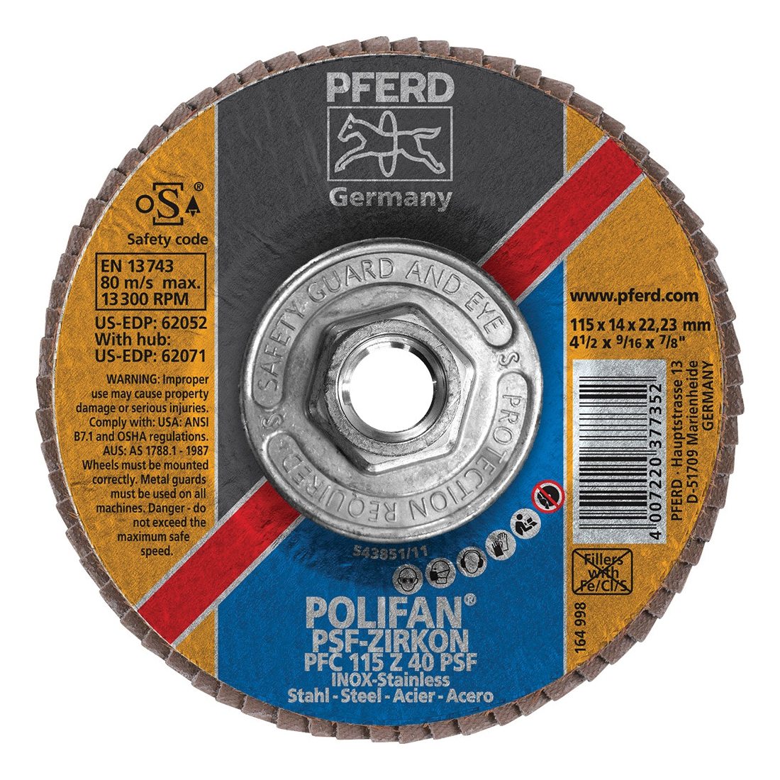 PFERD Polifan® 62071 Universal Line PSF-Z Threaded Coated Abrasive Flap Disc, 4-1/2 in Dia, 40 Grit, Zirconia Alumina Abrasive, Type 29 Conical Disc