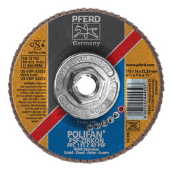 PFERD Polifan® 62072 Universal Line PSF-Z Threaded Coated Abrasive Flap Disc, 4-1/2 in Dia, 60 Grit, Zirconia Alumina Abrasive, Type 29 Conical Disc
