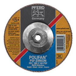 PFERD Polifan® 62082 Universal Line PSF-Z Threaded Coated Abrasive Flap Disc, 7 in Dia, 60 Grit, Zirconia Alumina Abrasive, Type 29 Conical Disc