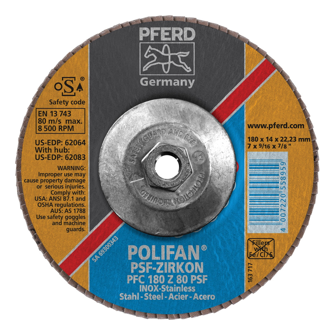 PFERD Polifan® 62083 Universal Line PSF-Z Threaded Coated Abrasive Flap Disc, 7 in Dia, 80 Grit, Zirconia Alumina Abrasive, Type 29 Conical Disc
