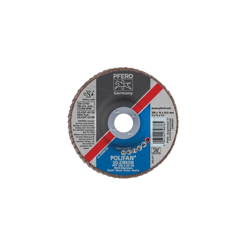 PFERD Polifan® 62139 Performance Line SG Z Unthreaded Coated Abrasive Flap Disc, 4 in Dia, 5/8 in Center Hole, 60 Grit, Zirconia Alumina Abrasive, Type 27 Flat Disc