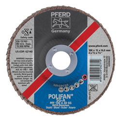 PFERD Polifan® 62140 Performance Line SG A Unthreaded Coated Abrasive Flap Disc, 4 in Dia, 5/8 in Center Hole, 40 Grit, Aluminum Oxide Abrasive, Type 27 Flat Disc