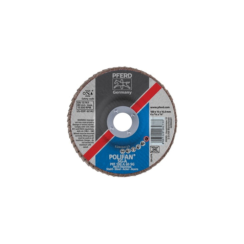 PFERD Polifan® 62142 Performance Line SG A Unthreaded Coated Abrasive Flap Disc, 4 in Dia, 5/8 in Center Hole, 60 Grit, Aluminum Oxide Abrasive, Type 27 Flat Disc