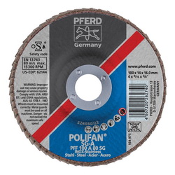 PFERD Polifan® 62144 Performance Line SG A Unthreaded Coated Abrasive Flap Disc, 4 in Dia, 5/8 in Center Hole, 80 Grit, Aluminum Oxide Abrasive, Type 27 Flat Disc