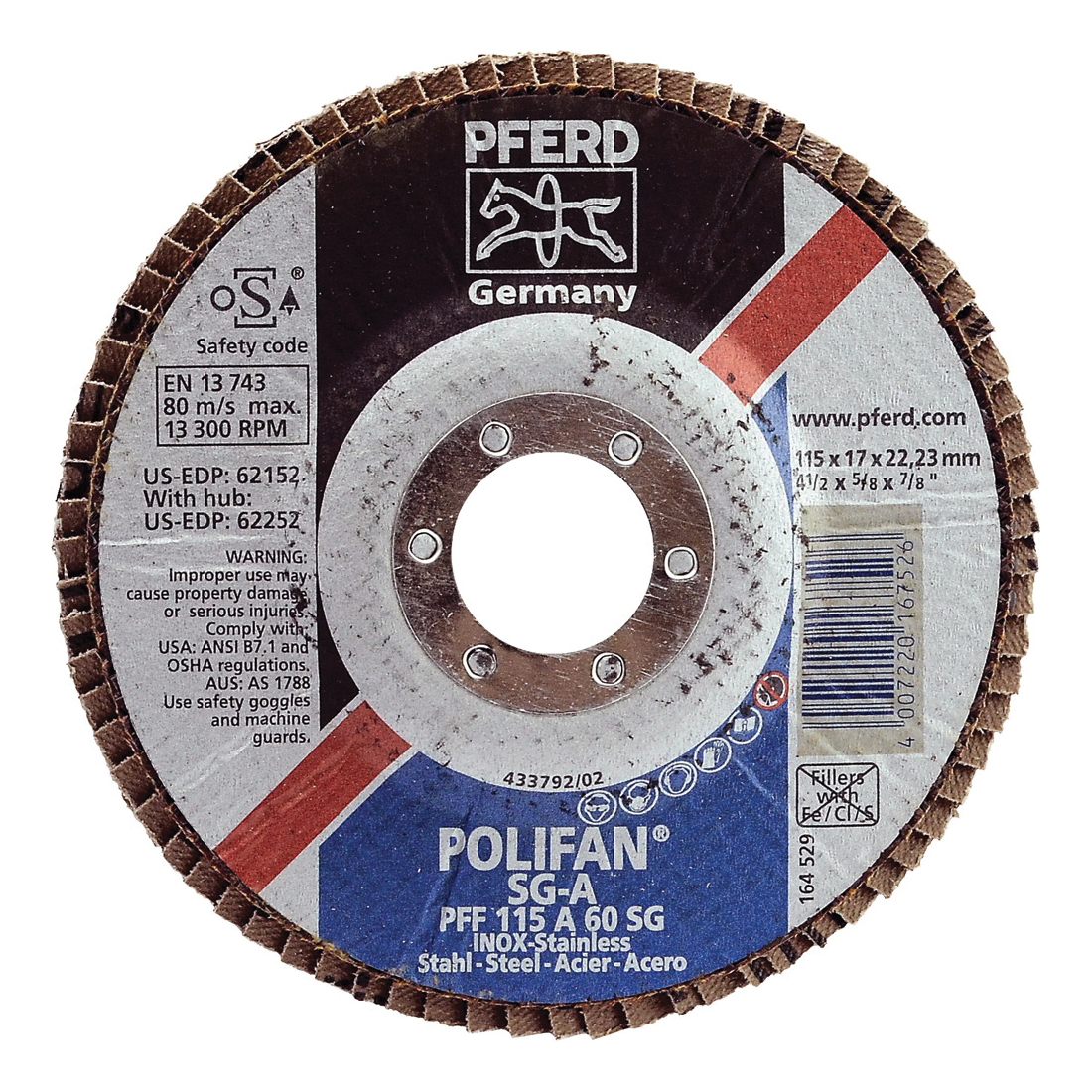 PFERD Polifan® 62152 Performance Line SG A Unthreaded Coated Abrasive Flap Disc, 4-1/2 in Dia, 7/8 in Center Hole, 60 Grit, Aluminum Oxide Abrasive, Type 27 Flat Disc