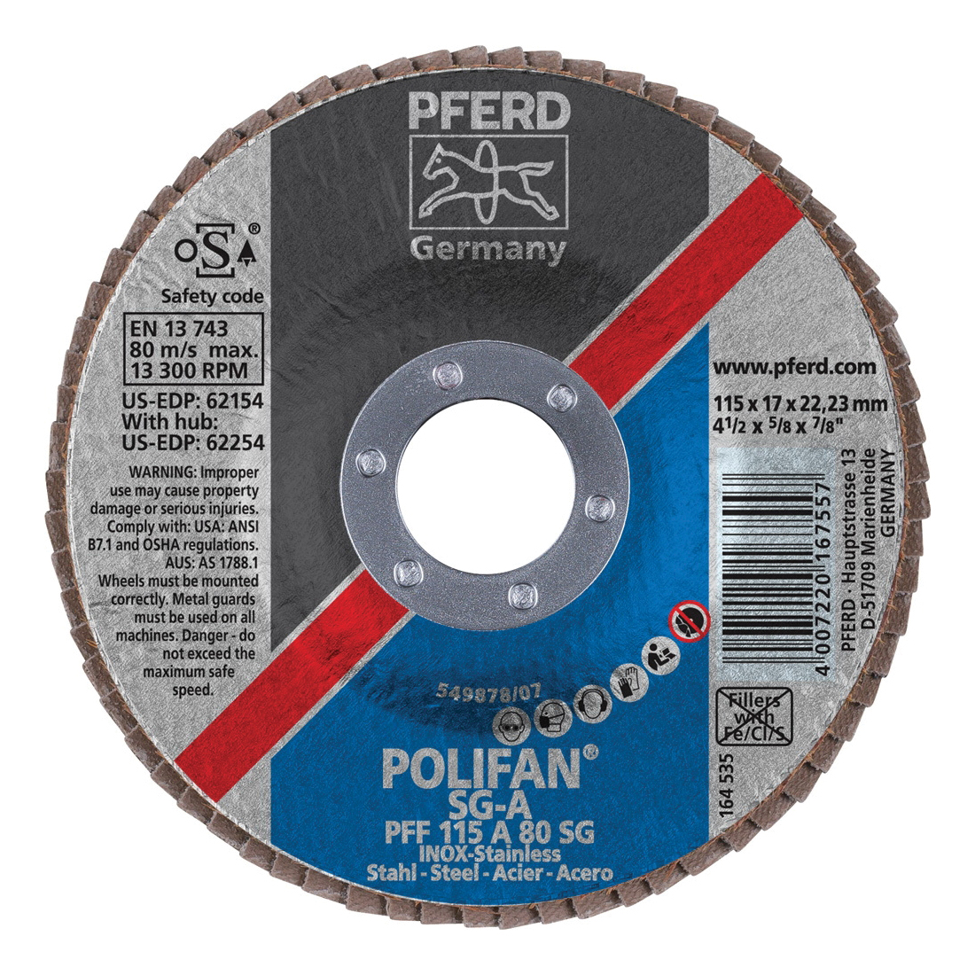 PFERD Polifan® 62154 Performance Line SG A Unthreaded Coated Abrasive Flap Disc, 4-1/2 in Dia, 7/8 in Center Hole, 80 Grit, Aluminum Oxide Abrasive, Type 27 Flat Disc