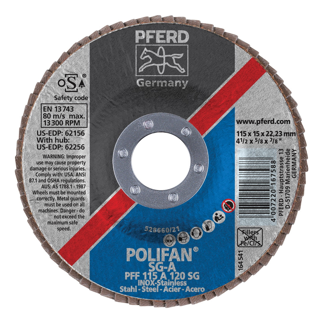 PFERD Polifan® 62156 Performance Line SG A Unthreaded Coated Abrasive Flap Disc, 4-1/2 in Dia, 7/8 in Center Hole, 120 Grit, Aluminum Oxide Abrasive, Type 27 Flat Disc
