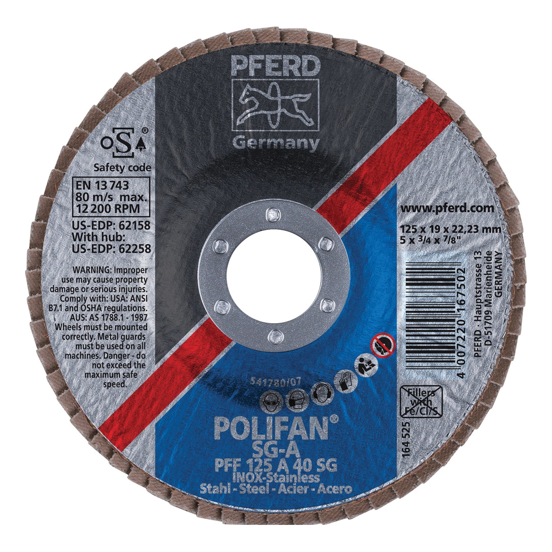 PFERD Polifan® 62158 Performance Line SG A Unthreaded Coated Abrasive Flap Disc, 5 in Dia, 7/8 in Center Hole, 40 Grit, Aluminum Oxide Abrasive, Type 27 Flat Disc
