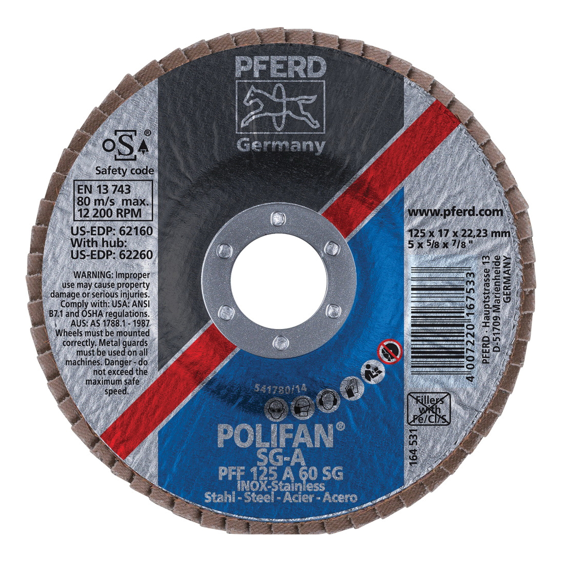 PFERD Polifan® 62160 Performance Line SG A Unthreaded Coated Abrasive Flap Disc, 5 in Dia, 7/8 in Center Hole, 60 Grit, Aluminum Oxide Abrasive, Type 27 Flat Disc