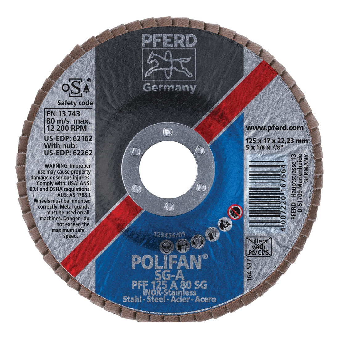 PFERD Polifan® 62162 Performance Line SG A Unthreaded Coated Abrasive Flap Disc, 5 in Dia, 7/8 in Center Hole, 80 Grit, Aluminum Oxide Abrasive, Type 27 Flat Disc
