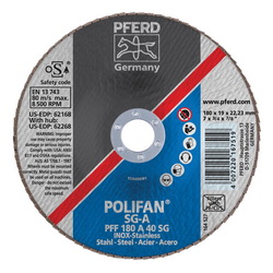 PFERD Polifan® 62168 Performance Line SG A Unthreaded Coated Abrasive Flap Disc, 7 in Dia, 7/8 in Center Hole, 40 Grit, Aluminum Oxide Abrasive, Type 27 Flat Disc