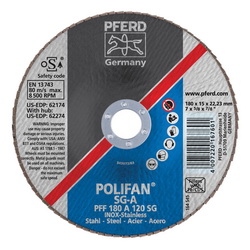 PFERD Polifan® 62174 Performance Line SG A Unthreaded Coated Abrasive Flap Disc, 7 in Dia, 7/8 in Center Hole, 120 Grit, Aluminum Oxide Abrasive, Type 27 Flat Disc
