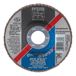 PFERD Polifan® 62176 Performance Line SG Z Unthreaded Coated Abrasive Flap Disc, 4-1/2 in Dia, 7/8 in Center Hole, 40 Grit, Zirconia Alumina Abrasive, Type 27 Flat Disc