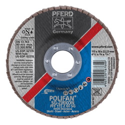PFERD Polifan® 62178 Performance Line SG Z Unthreaded Coated Abrasive Flap Disc, 4-1/2 in Dia, 7/8 in Center Hole, 60 Grit, Zirconia Alumina Abrasive, Type 27 Flat Disc