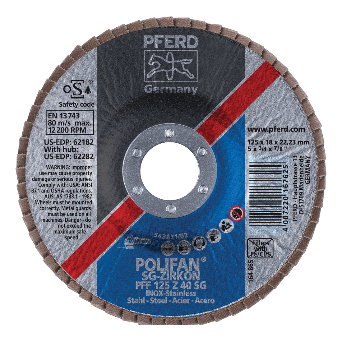 PFERD Polifan® 62182 Performance Line SG Z Unthreaded Coated Abrasive Flap Disc, 5 in Dia, 7/8 in Center Hole, 40 Grit, Zirconia Alumina Abrasive, Type 27 Flat Disc