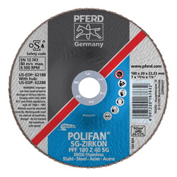 PFERD Polifan® 62188 Performance Line SG Z Unthreaded Coated Abrasive Flap Disc, 7 in Dia, 7/8 in Center Hole, 40 Grit, Zirconia Alumina Abrasive, Type 27 Flat Disc