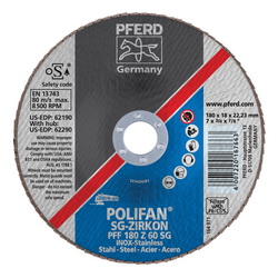 PFERD Polifan® 62190 Performance Line SG Z Unthreaded Coated Abrasive Flap Disc, 7 in Dia, 7/8 in Center Hole, 60 Grit, Zirconia Alumina Abrasive, Type 27 Flat Disc