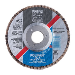 PFERD Polifan® 62202 Performance Line SG A Unthreaded Coated Abrasive Flap Disc, 4-1/2 in Dia, 7/8 in Center Hole, 40 Grit, Aluminum Oxide Abrasive, Type 29 Conical Disc