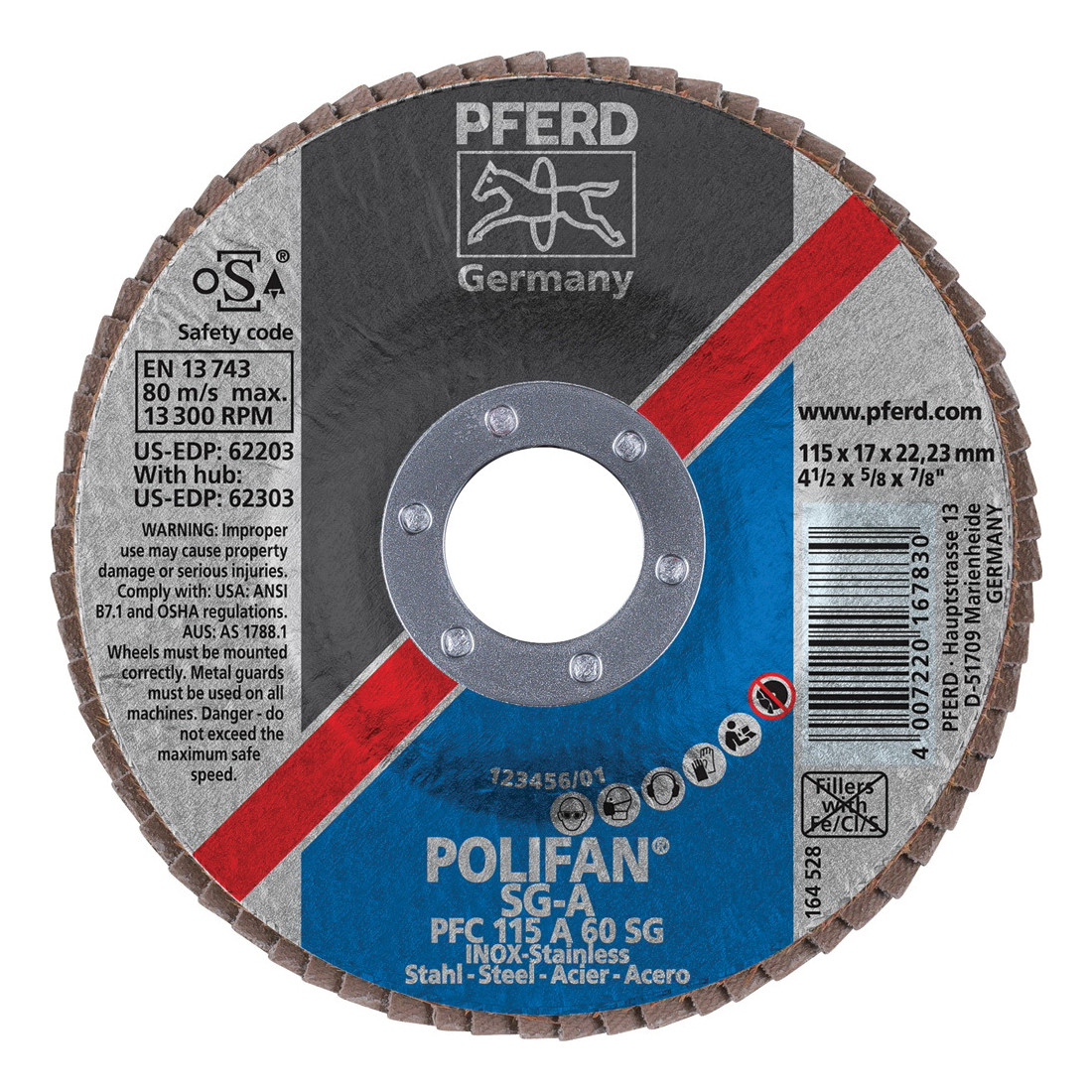 PFERD Polifan® 62203 Performance Line SG A Unthreaded Coated Abrasive Flap Disc, 4-1/2 in Dia, 7/8 in Center Hole, 60 Grit, Aluminum Oxide Abrasive, Type 29 Conical Disc