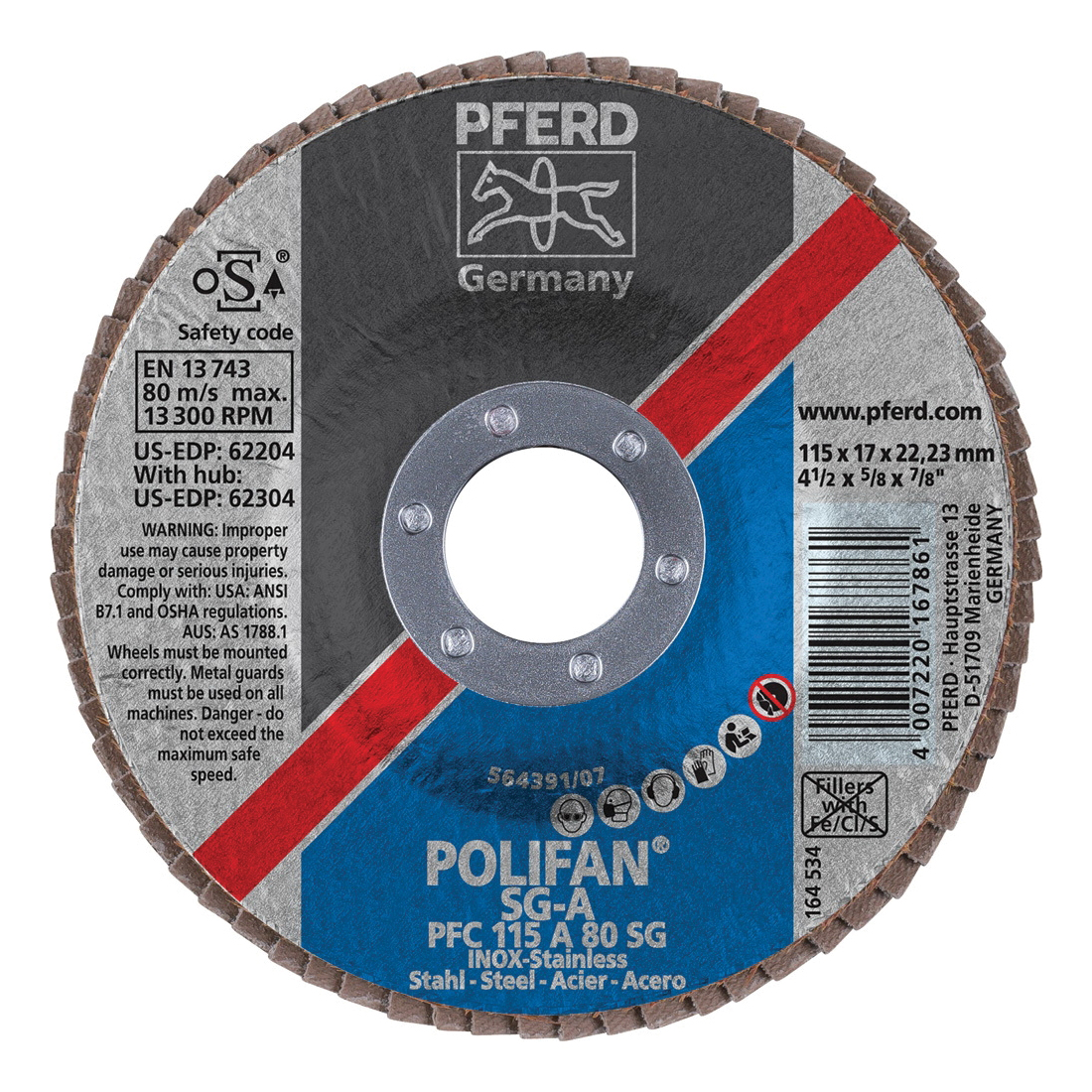 PFERD Polifan® 62204 Performance Line SG A Unthreaded Coated Abrasive Flap Disc, 4-1/2 in Dia, 7/8 in Center Hole, 80 Grit, Aluminum Oxide Abrasive, Type 29 Conical Disc