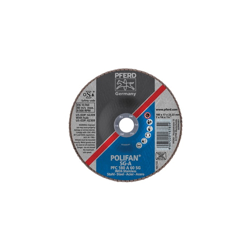 PFERD Polifan® 62209 Performance Line SG A Unthreaded Coated Abrasive Flap Disc, 7 in Dia, 7/8 in Center Hole, 60 Grit, Aluminum Oxide Abrasive, Type 29 Conical Disc