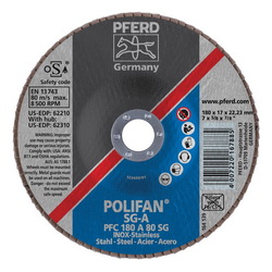 PFERD Polifan® 62210 Performance Line SG A Unthreaded Coated Abrasive Flap Disc, 7 in Dia, 7/8 in Center Hole, 80 Grit, Aluminum Oxide Abrasive, Type 29 Conical Disc