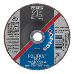 PFERD Polifan® 62211 Performance Line SG A Unthreaded Coated Abrasive Flap Disc, 7 in Dia, 7/8 in Center Hole, 120 Grit, Aluminum Oxide Abrasive, Type 29 Conical Disc