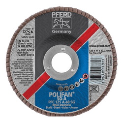 PFERD Polifan® 62213 Performance Line SG A Unthreaded Coated Abrasive Flap Disc, 5 in Dia, 7/8 in Center Hole, 40 Grit, Aluminum Oxide Abrasive, Type 29 Conical Disc